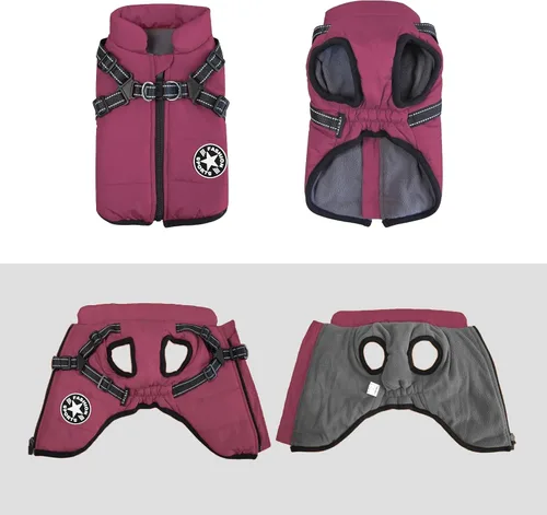 Vista 2 de Abrigo para perros – Chaqueta cálida impermeable a prueba de viento para mascotas con arnés integrado – Chaleco de forro polar para perros pequeños