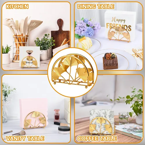Vista 4 de Servilletero de hojas de ginkgo dorado para mesa, elegantes servilleteros para servilletas de papel, servilletero, servilleta de cóctel de una pieza