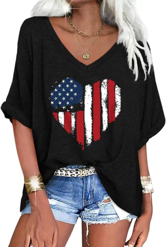Vista 34 de UNCLECAT Camisetas de gran tamaño con cuello en V para mujer, camisas de manga corta de verano, holgadas, casuales