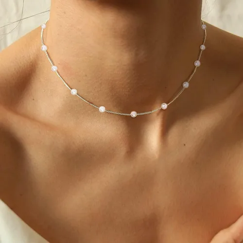 Vista 4 de Collar de perlas chapado en oro de 14 quilates en capas, cadena de espiga simple, para mujer, regalos de joyería
