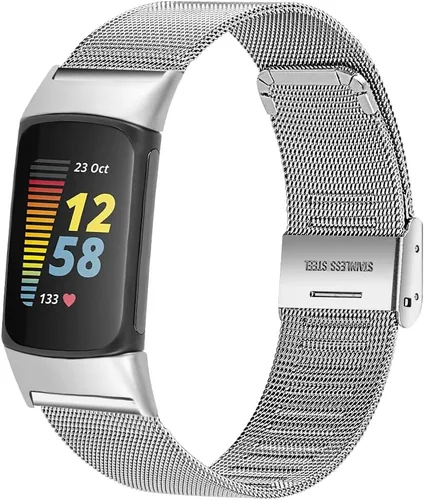 Vista 7 de FitTurn Correa delgada para reloj inteligente Fitbit Charge 6/Charge 5, correa de reloj ajustable de malla de acero inoxidable, correa femenina