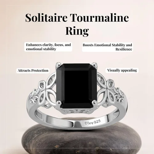 Vista 3 de Black Tourmaline 925 Sterling Silver Statement Ring for Women Octágono