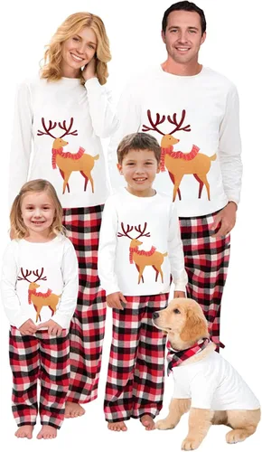 Vista 12 de Awoscut - Conjunto de pijamas navideños a juego, con estampado en la parte superior y pantalones a cuadros #B-7