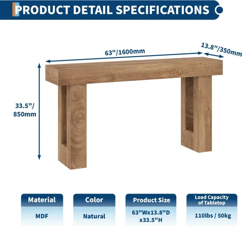 Vista 2 de Mesas consola de 63 pulgadas de largo para entrada, mesa de sofá de madera estrecha detrás del sofá, estilo granja, perfectas para entrada, sala