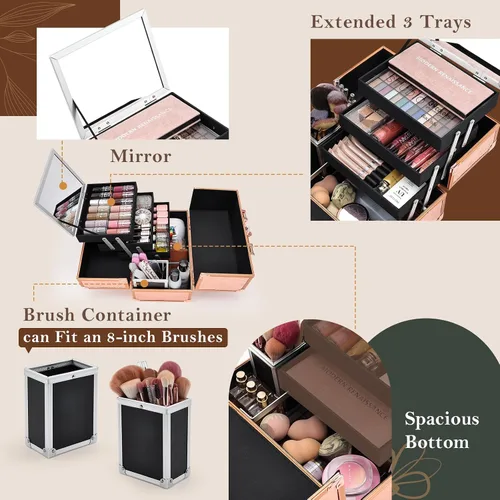Vista 6 de FRENESSA Estuche de Maquillaje de 11.8 Pulgadas Estuche Organizador de Maquillaje Caja Grande de Cosméticos con Espejo Portátil 3 Bandejas Caja
