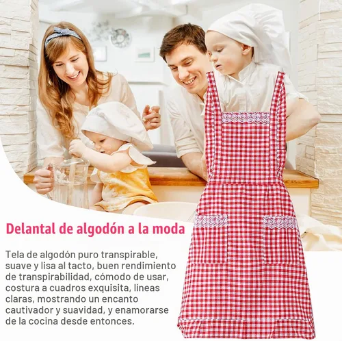 Vista 4 de Delantal clásico vintage para mujer, delantal de algodón a cuadros rojo y blanco, babero de chef de cocina para el hogar