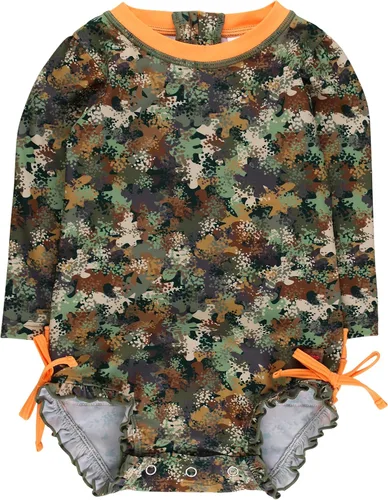 Vista 47 de RuffleButts - Traje de baño de una pieza con protección solar UPF 50+, camiseta de protección floral estampado, manga larga, con cierre zipper