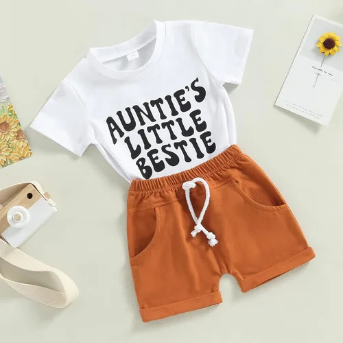 Vista 2 de Gueuusu Conjunto de camiseta y pantalones cortos de manga corta para bebé niño con estampado de letras de la tía y pantalones cortos, lindo traje
