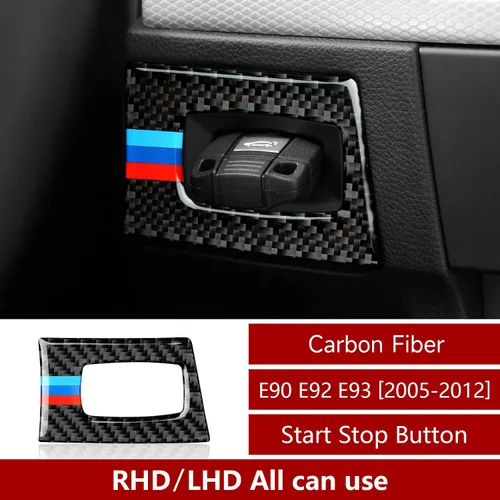 Vista 2 de Calcomanía de fibra de carbono para marco del botón de arranque del motor del coche, cubierta decorativa compatible con BMW E90 E92 E93 2006 2007