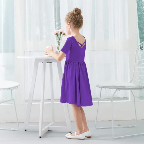Vista 4 de Stelle Vestido de patinadora de manga corta para niños y niñas, casual, acampanado, para fiesta escolar, 3-12 años, Blanco