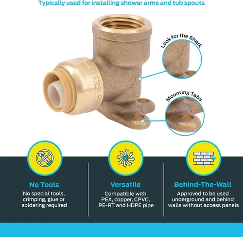 Vista 3 de SharkBite Codo de oreja de caída de 1/2 pulgada x 1/2 pulgada, FNPT, Empuje para conectar accesorios de plomería de latón, tubo PEX, cobre, CPVC