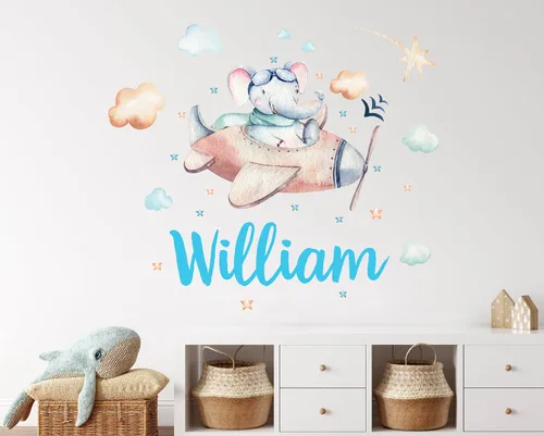 Vista 3 de Calcomanías de pared personalizadas con nombre de avión de elefante, para dormitorio de niños, calcomanías de pared de nubes de selva de aviones