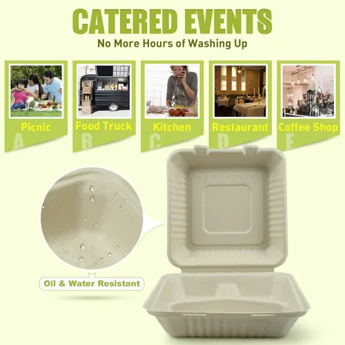 Vista 5 de Green Earth, 9 pulgadas, 50 unidades, 3 compartimentos, almeja compostable, BAM ware (fibra de bambú), cajas de comida para llevar – recipientes 9