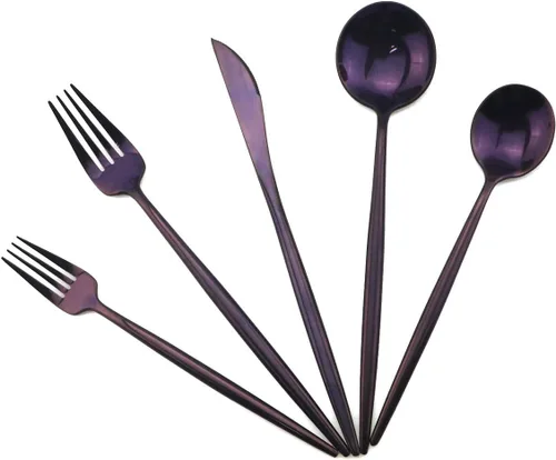 Vista 11 de Juego de cubiertos portátiles, juego de cubiertos de 5 piezas, acero inoxidable 18/10, pulido de espejo, negro, utensilios modernos y elegantes