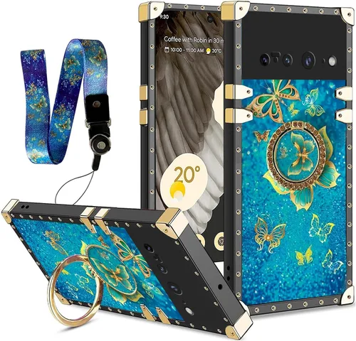 Vista 23 de nancheng Funda para Google Pixel 6 de lujo, diseño de abeja, corazón y abeja, chapado en oro, con anillo de diamante de 360°, correa de cordón