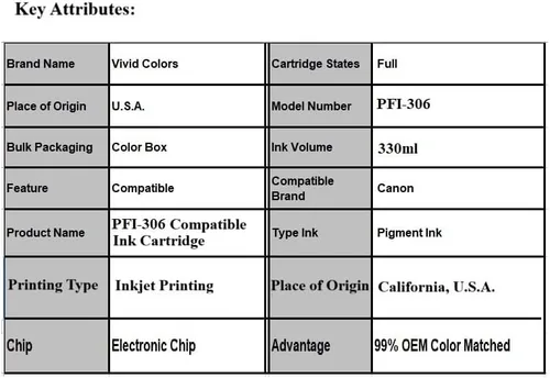 Vista 2 de Vivid Colors Cartucho de tinta compatible de repuesto para Canon PFI-306 PFI-306GY 6666B001AA (gris) para uso Canon iPF8400s, iPF8400se, iPF9400s