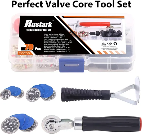 Vista 7 de Kit de reparación de neumáticos de 70 piezas, parche, raspador, herramientas de extracción de vástago de válvula, núcleos, tapas y parches