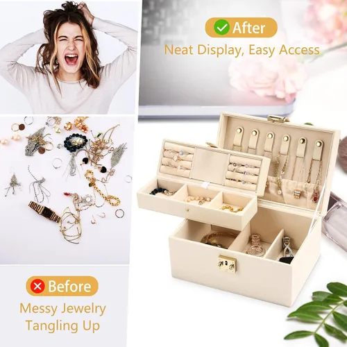 Vista 8 de CHFONG Joyero de 2 capas de piel sintética soporte de joyería portátil de viaje extraíble para collares aretes anillos pulseras joyeros organizador