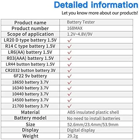 Vista 5 de Nuevo probador de batería de pila de botón Instrumento de medición de batería para baterías AA/AAA/9V/1.5V/C/D regular/recargables
