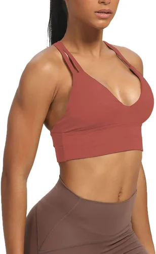 Vista 4 de Aoxjox Sujetadores deportivos de entrenamiento para mujer, sin espalda, con relleno, para entrenamiento, infinito, activo, gimnasio, yoga, camiseta