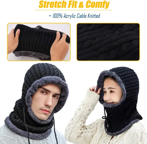 Vista 4 de Gisdanchz Pasamontañas para hombre y mujer, de punto cálido, con capucha, elástico, con cordón, gorro grueso