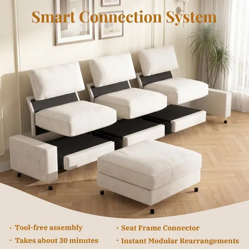 Vista 5 de Opoair - Sofá modular de gran tamaño de 114 pulgadas, sofá en forma de L con otomana móvil, cómodos sofás de nube de 4 asientos con asiento Beige