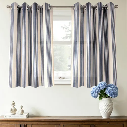 Vista 101 de DriftAway Cortinas de estilo granja con rayas verticales de lino mezclado texturizado con filtro de luz semitransparente para sala de estar