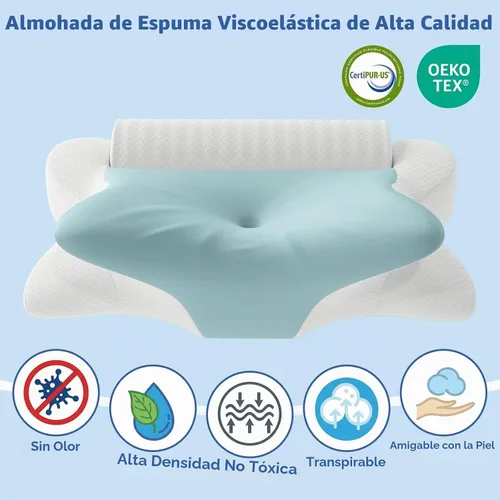 Vista 7 de Almohada cervical para el cuello para aliviar el dolor y dormir, almohada ergonómica de postura para el cuello, almohada de espuma viscoelástica Azul
