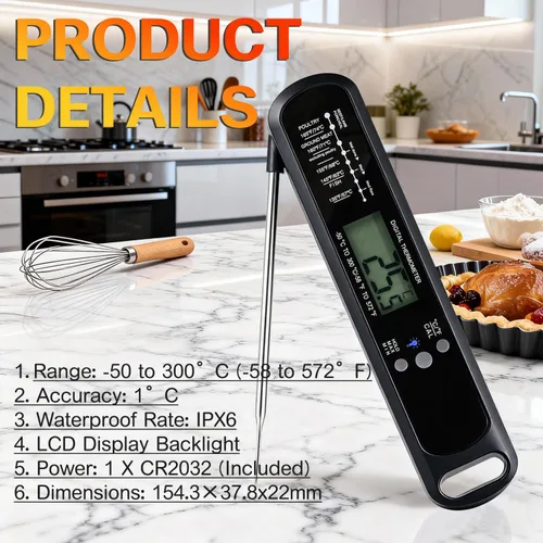 Vista 6 de Termómetro digital de carne con LED de alta precisión, impermeable IP67, termómetro de alimentos de lectura instantánea para freidora de aire