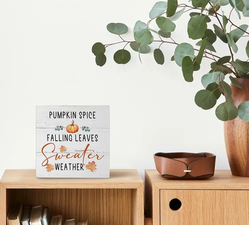 Vista 6 de Mtrgdn Decoraciones de otoño para el hogar, diseño rústico de calabaza con hojas que caen y hojas que caen, letrero de caja de madera, decoración