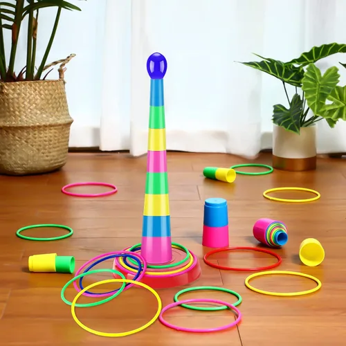Vista 5 de Zubebe 18 Inch Plastic Ring Toss Game for Kids Colorful Tossing and Active Play Set Travel Ring Toss Quoits Toy Portable Carnival Games Indoor