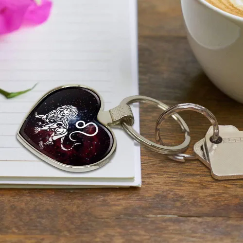 Vista 5 de GRAPHICS & MORE Leo Lion Zodiac Sign Horoscope in Space Keychain Heart Love Metal Key Chain Ring