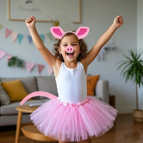 Vista 2 de Kirei Sui Disfraz de cerdo rosa de 4 piezas para niños, tutú y diadema de oreja, disfraz de Halloween para niñas