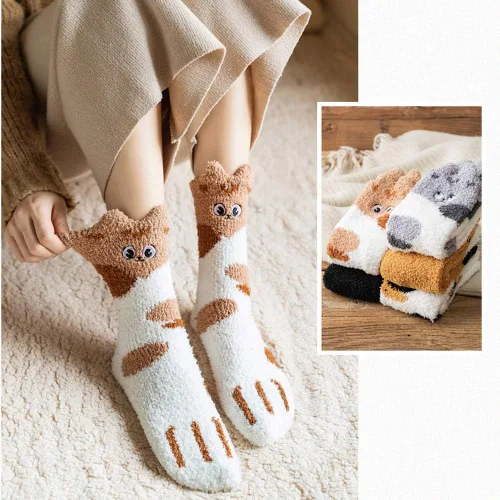 Vista 3 de Calcetines mullidos para mujeres, adolescentes, niñas, largos, lindos dibujos animados, animales, pata de gato, felpa, forro polar, calcetines