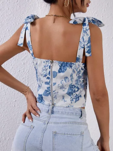 Vista 2 de WDIRARA Blusa corta sin mangas con estampado floral y cuello cuadrado para mujer