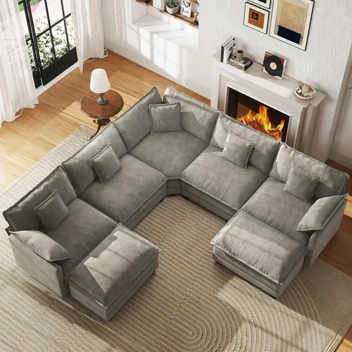 Vista 34 de Sofá de nube en forma de L de 77 pulgadas, sofá modular con otomana, cómodo sofá biplaza de felpilla con almohada para sala de estar, dormitorio