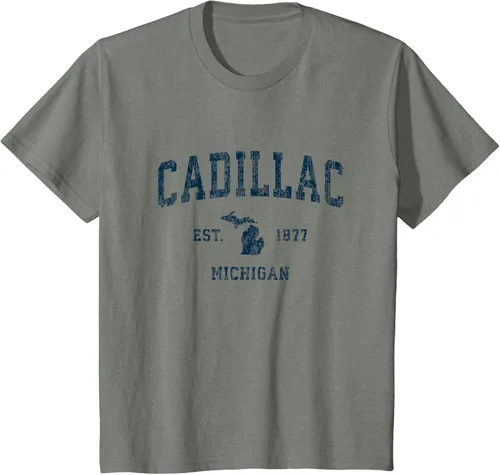 Vista 34 de Cadillac Michigan MI Vintage Sports Design Navy Print Camiseta