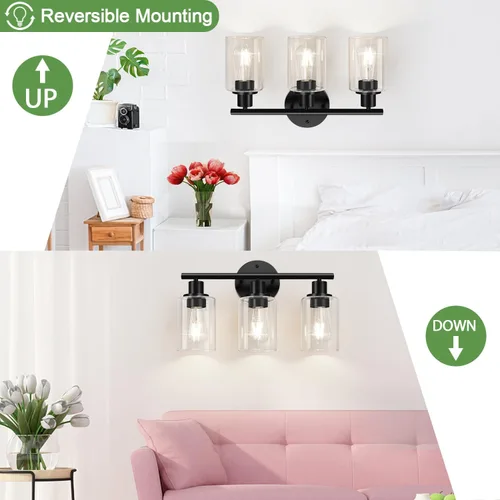 Vista 7 de Zarbitta 3-Light Bathroom Light Fixtures, 17.23" Black Modern Vanity Lights with Clear Glass Shade, Bathroom Wall Lamp for Mirror Kitchen Living