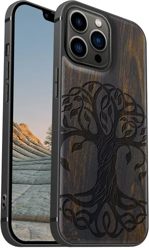Vista 11 de Carveit Funda magnética de madera para iPhone 13 Mini, madera real dura y TPU suave, funda protectora híbrida de madera única y elegante a prueba