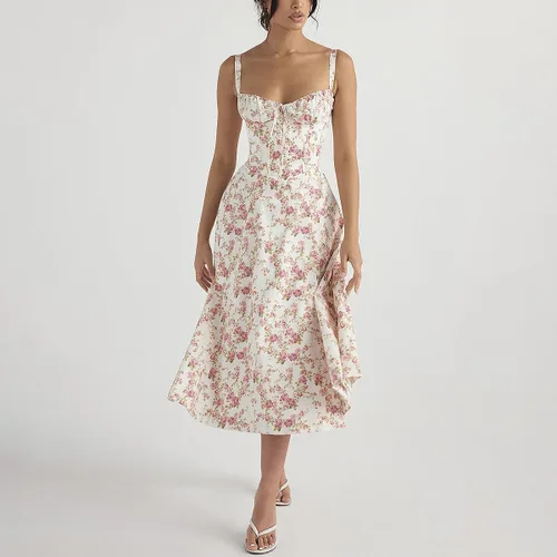 Vista 2 de Vestido de corsé floral para mujer, estilo bohemio, de verano, tirantes delgados, cuello cuadrado, casual, por debajo de la rodilla, con abertura