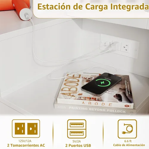 Vista 3 de Juego de mesa de tocador de maquillaje moderna extragrande con espejo iluminado deslizante, estación de carga, taburete acolchado, 5 cajones
