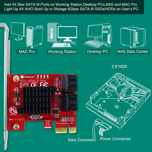 Vista 3 de Tarjeta de expansión PCIE 3.0 a 4 puertos 6Gbps SATA III para PC de escritorio, Plug and Play en Windows OS, MAC OS, Linux, ASMedia ASM1064