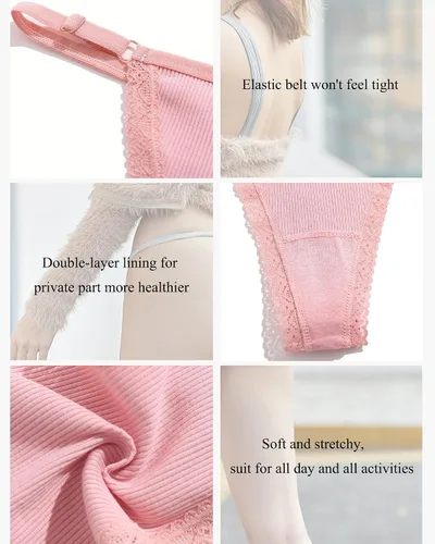 Vista 4 de CUTE BYTE Adjustable G String Thongs for Women Sexy Underwear T-back Cotton Panties with Lace Trim Low Rise Stretchy 6 Pack