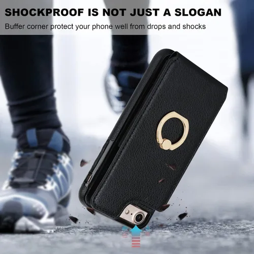 Vista 7 de Folosu Funda tipo cartera para iPhone SE con soporte para tarjetas, soporte de anillo de rotación de 360 grados, función de protección RFID, de piel