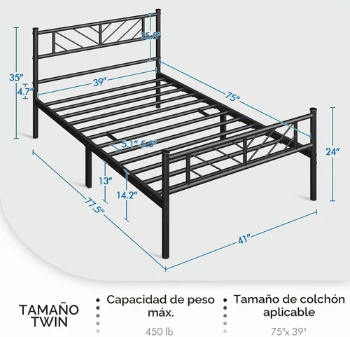 Vista 2 de Yaheetech Estructura de Cama Plataforma de Tamaño Individual con Cabecera de Diseño de Flecha, Base de Colchón de Metal de 13 Pulgadas