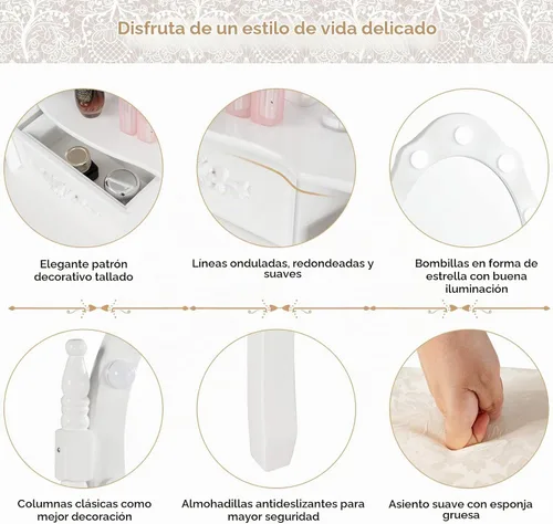 Vista 6 de CHARMAID Tocador de maquillaje con 10 luces LED, 4 cajones, estante de almacenamiento, perilla en forma de rosa, tocador de maquillaje