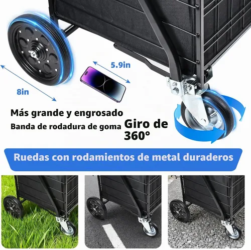 Vista 6 de Carrito de compras plegable con forro impermeable extraíble, carrito de comestibles de capacidad de 450 libras con cesta doble y ruedas giratorias
