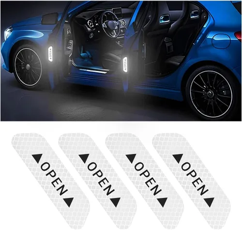 Vista 17 de 4 calcomanías reflectantes de advertencia de apertura para puerta de automóvil, calcomanías de aviso de seguridad automática con visibilidad