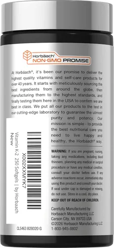 Vista 3 de Horbäach Vitamina K2 MK7 100mcg 250 cápsulas blandas Suplemento sin OMG, sin gluten