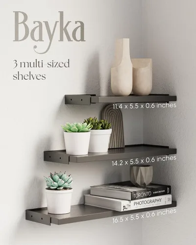Vista 3 de BAYKA Estantes flotantes montados en la pared, estante de pared flotante de madera para libros y decoración, pequeña exhibición y organizador que